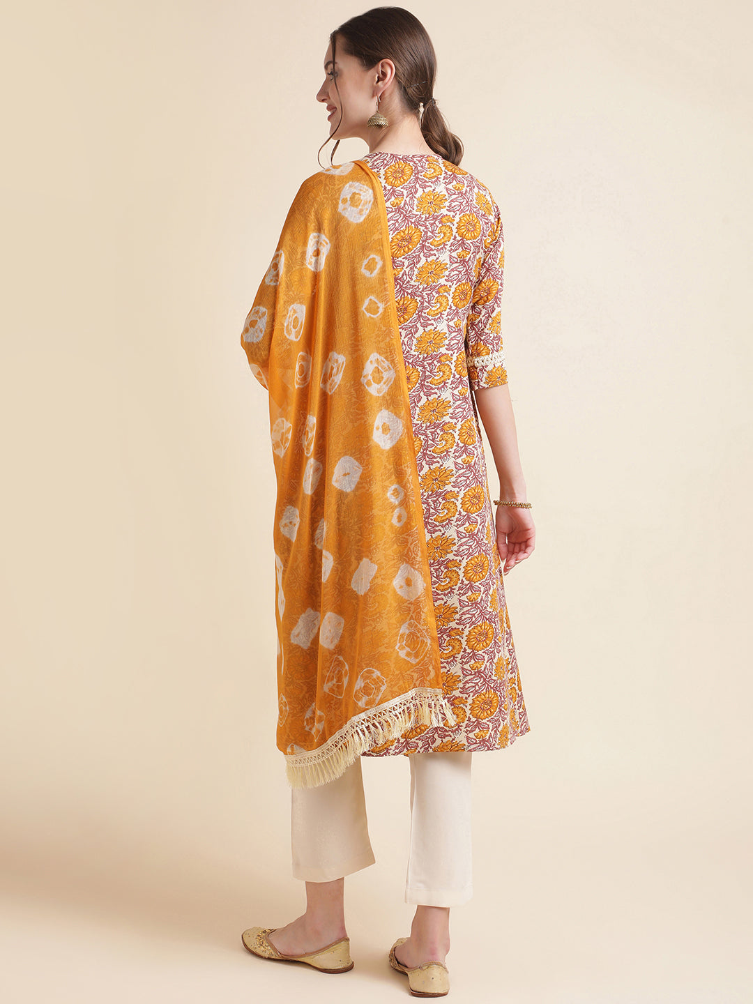 Yellow Floral Printed Cotton Blend Kurta Set