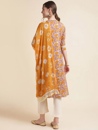 Yellow Embroidered Cotton Blend Round Neck Kurta Set