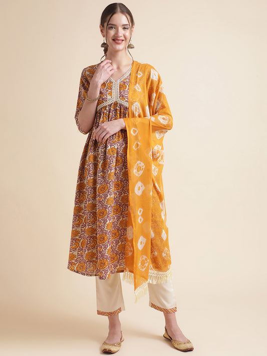 Yellow Floral Printed Cotton Blend Kurta Set