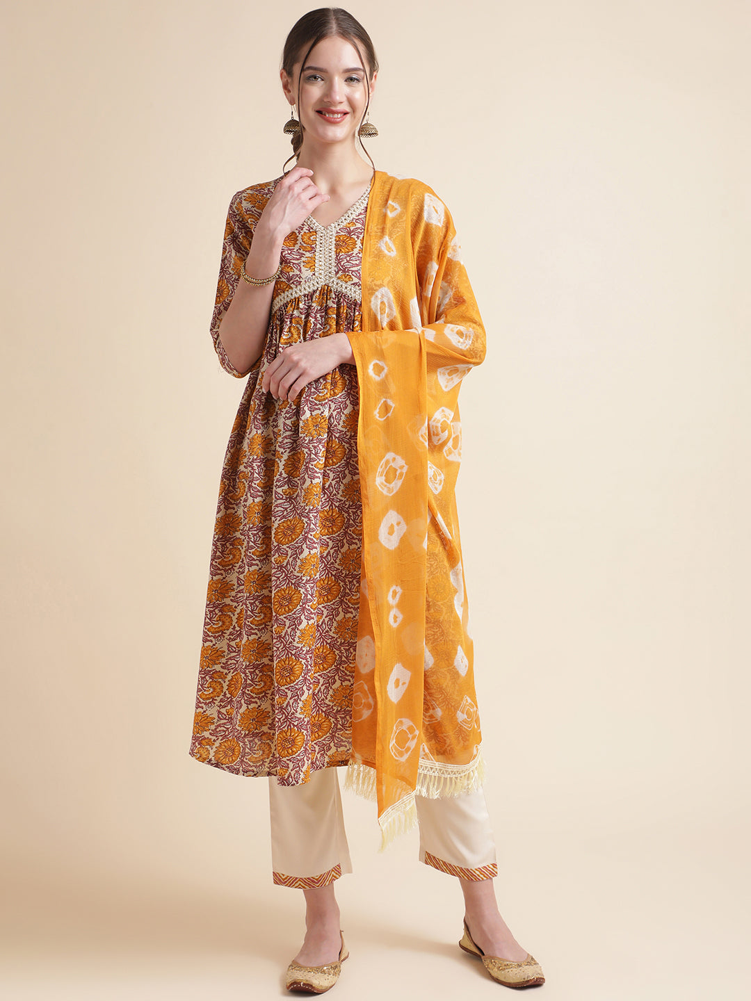 Yellow Embroidered Cotton Blend Round Neck Kurta Set