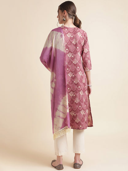 Wine Floral Printed Cotton Blend Kurta Set