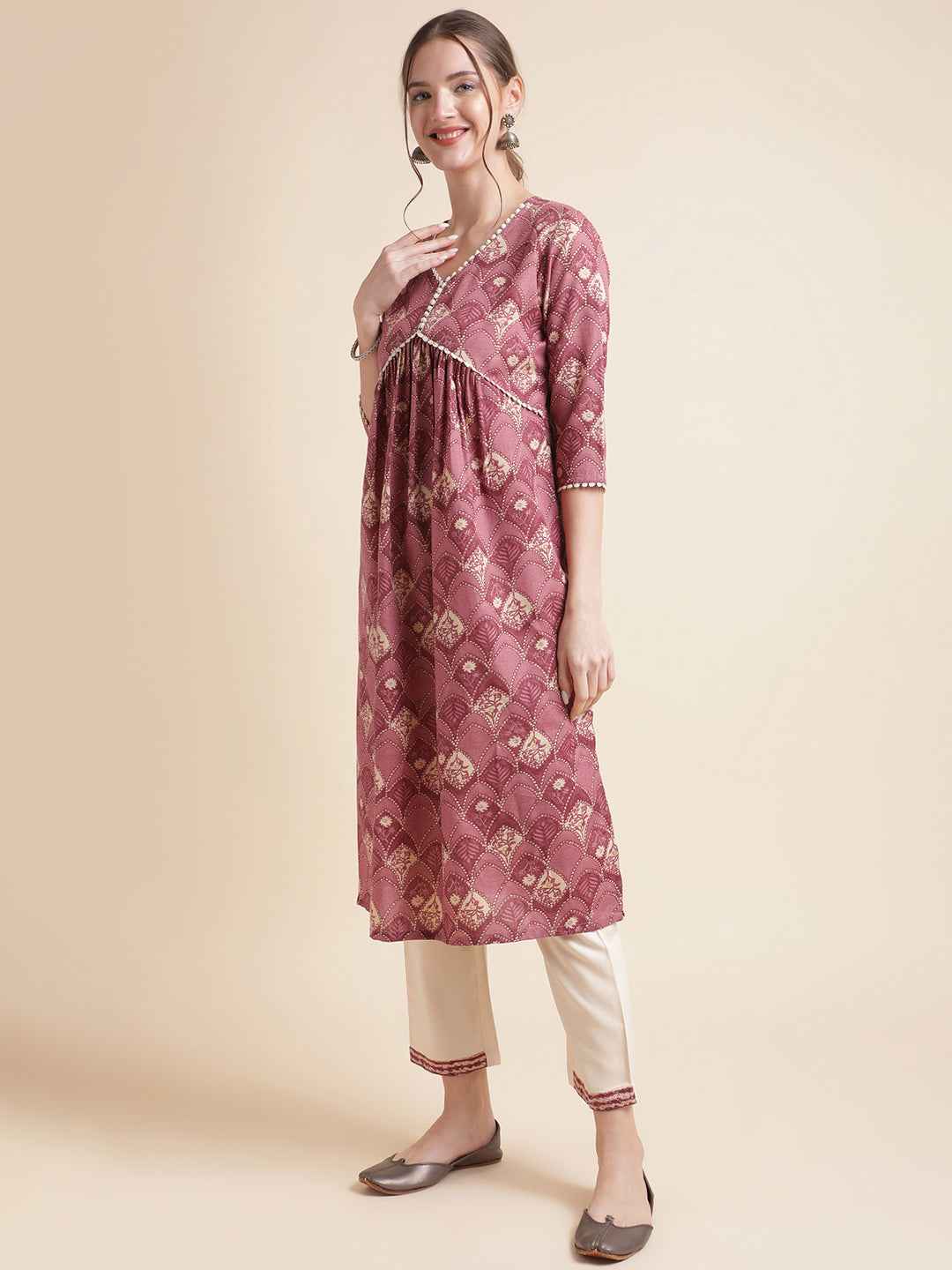 Wine Floral Printed Cotton Blend Kurta Set