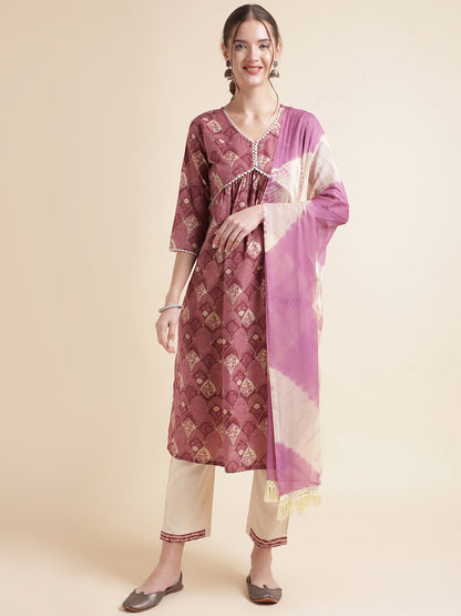 Wine Floral Printed Cotton Blend Kurta Set