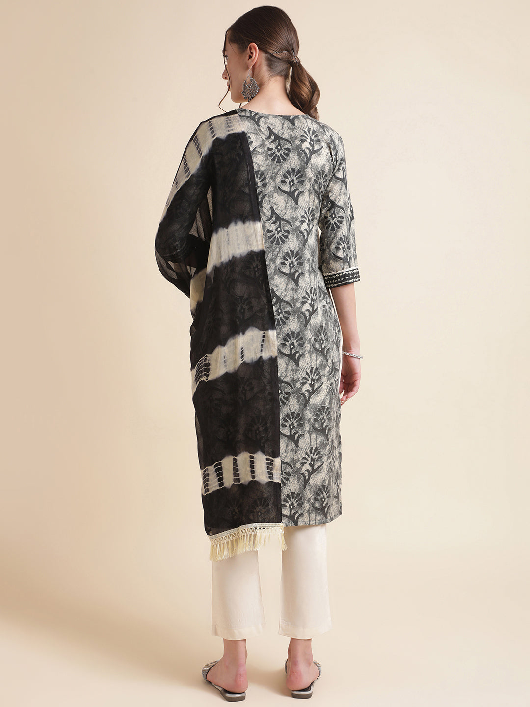 Black Printed Cotton Blend V-Neck Kurta Set