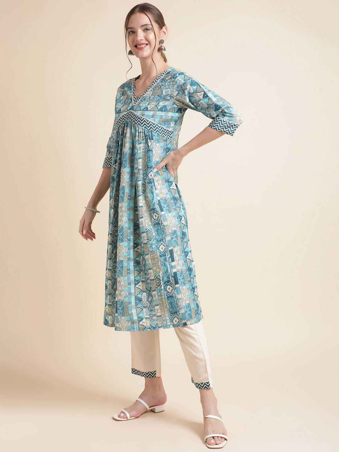 Sky Blue Printed Cotton Blend V-Neck Kurta Set