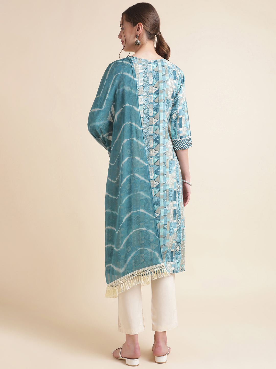 Sky Blue Printed Cotton Blend V-Neck Kurta Set