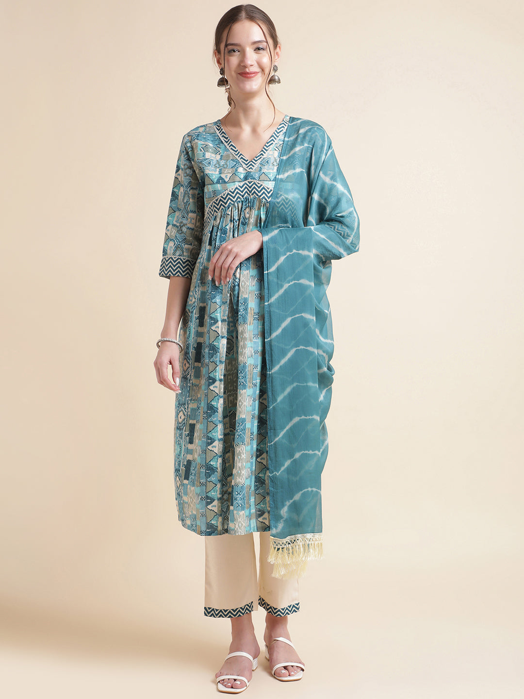 Sky Blue Printed Cotton Blend V-Neck Kurta Set