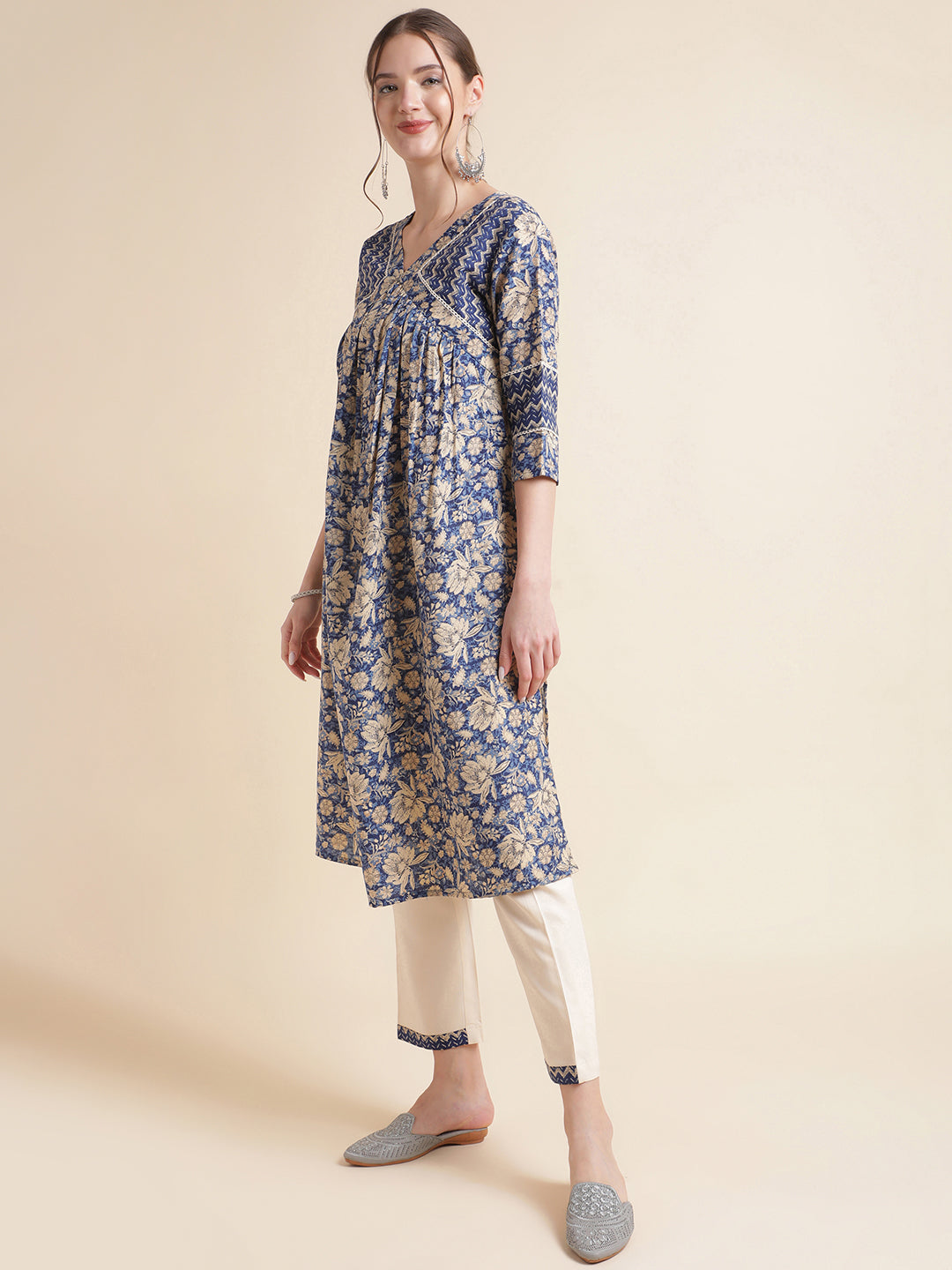 Dark Blue Printed Cotton Blend V-Neck Kurta Set