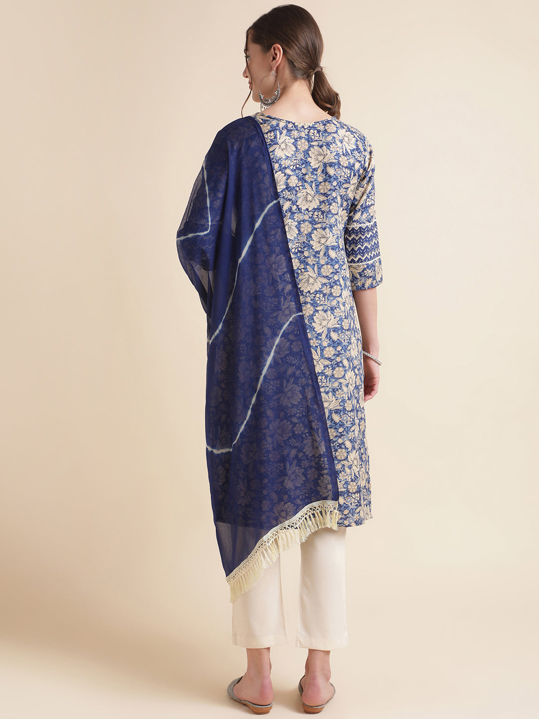 Dark Blue Printed Cotton Blend V-Neck Kurta Set