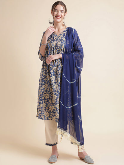 Dark Blue Printed Cotton Blend V-Neck Kurta Set