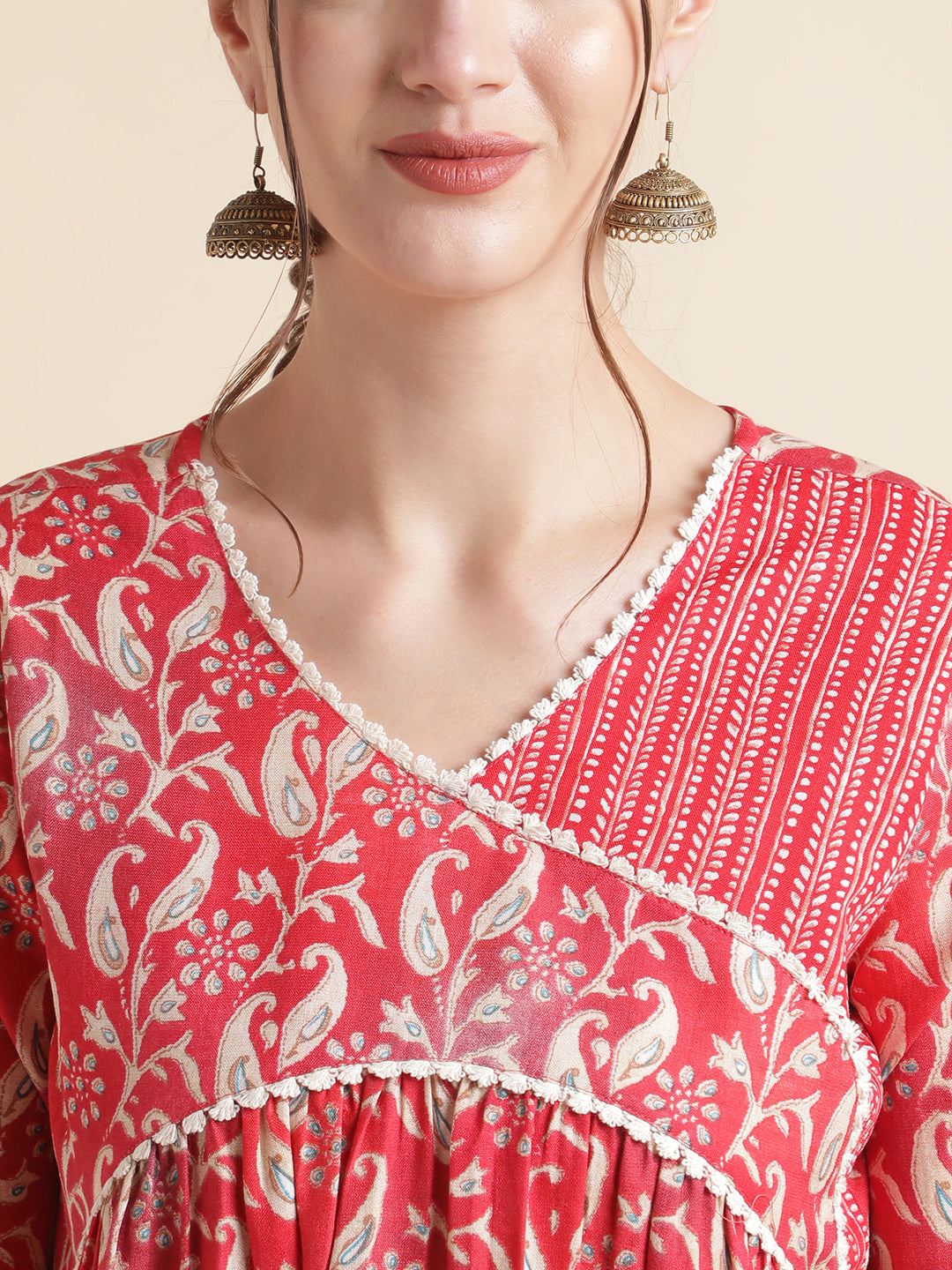 Red Printed Cotton Blend V-Neck Kurta Set