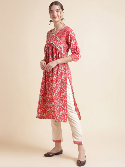 Red Printed Cotton Blend V-Neck Kurta Set