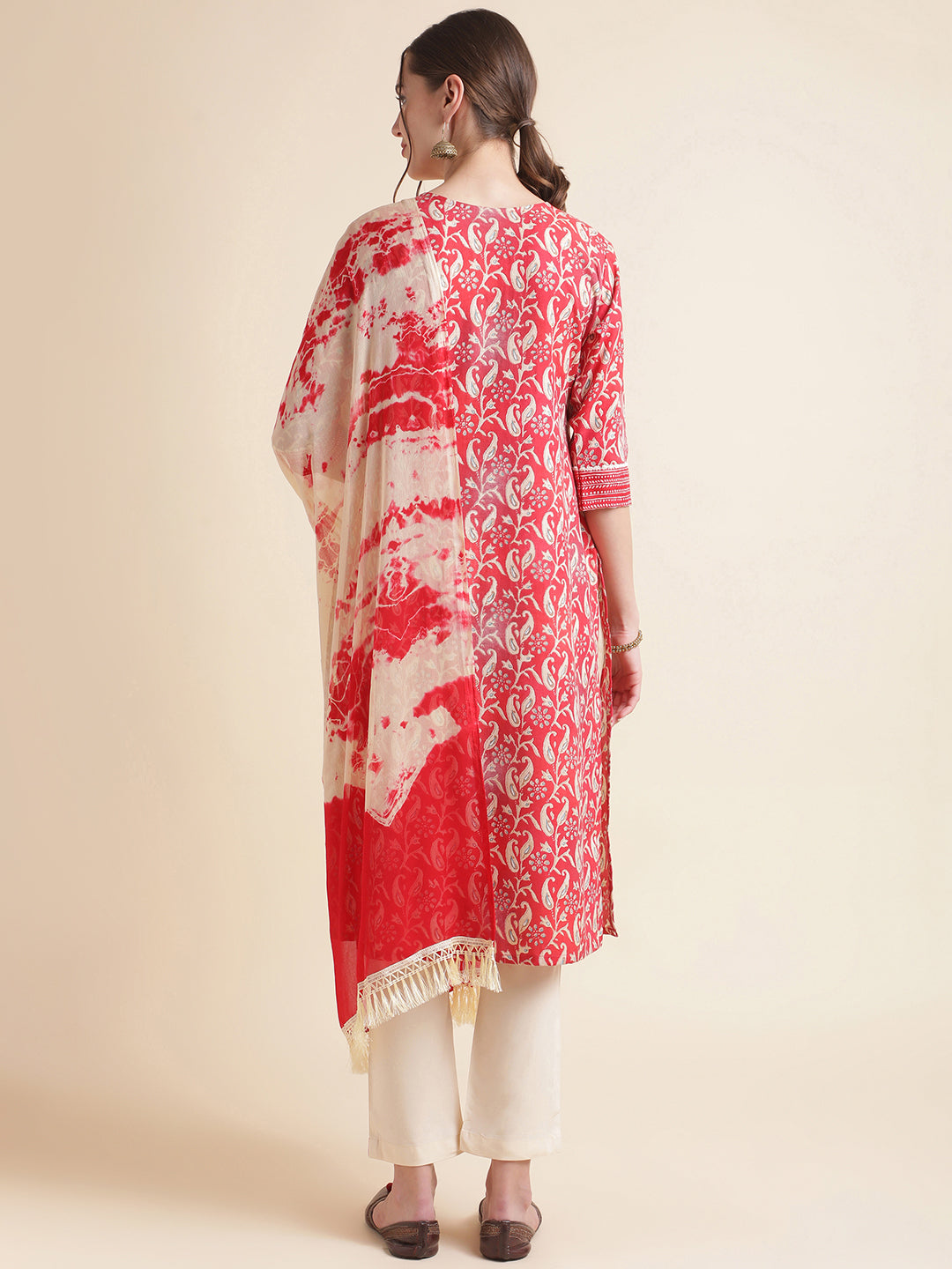 Red Printed Cotton Blend V-Neck Kurta Set