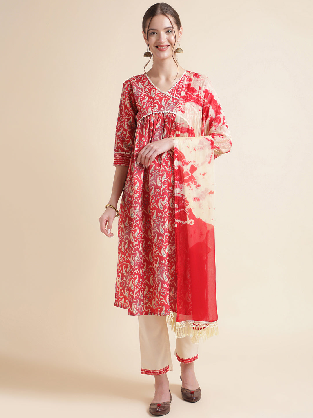 Red Printed Cotton Blend V-Neck Kurta Set