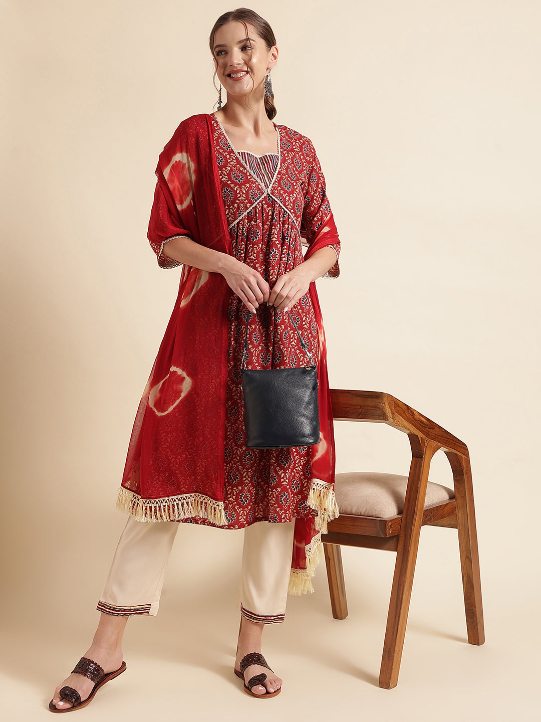 Dark Red Printed Cotton Blend V-Neck Kurta Set