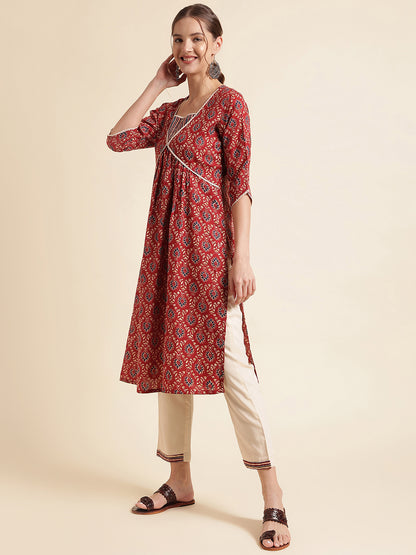 Dark Red Printed Cotton Blend V-Neck Kurta Set