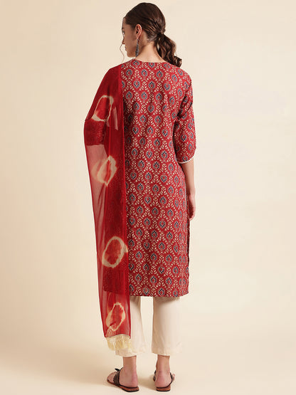 Dark Red Printed Cotton Blend V-Neck Kurta Set