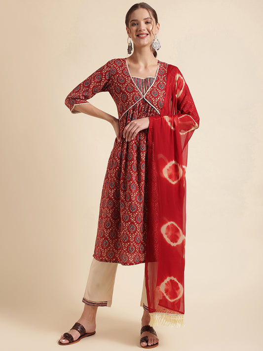 Dark Red Printed Cotton Blend V-Neck Kurta Set