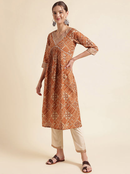 Orange Printed Cotton Blend V-Neck Kurta Set