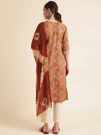 Orange Printed Cotton Blend V-Neck Kurta Set