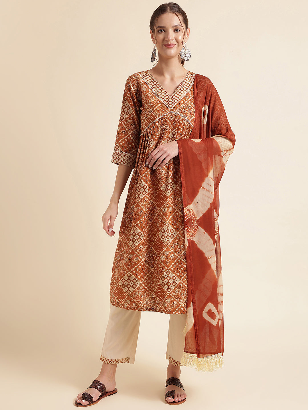 Orange Printed Cotton Blend V-Neck Kurta Set