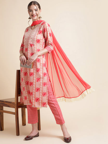 Peach Embroidered Cotton Blend Round Neck Kurta Set