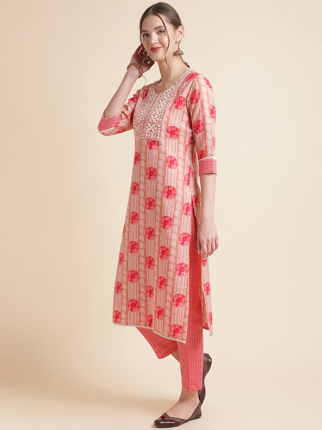 Peach Embroidered Cotton Blend Round Neck Kurta Set