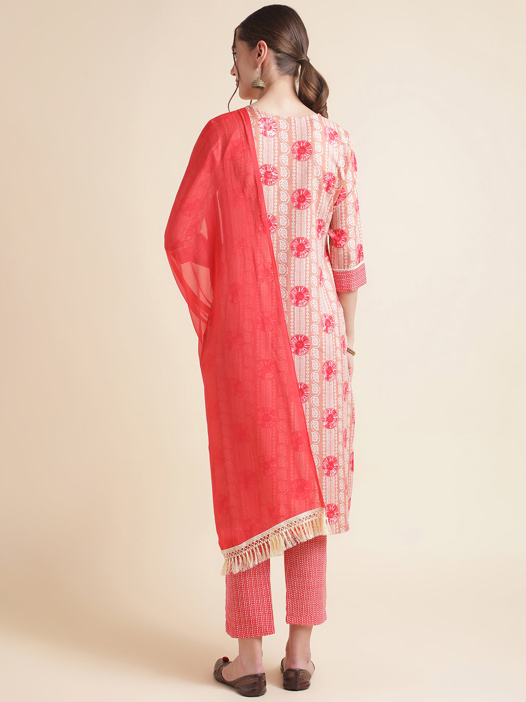 Peach Embroidered Cotton Blend Round Neck Kurta Set