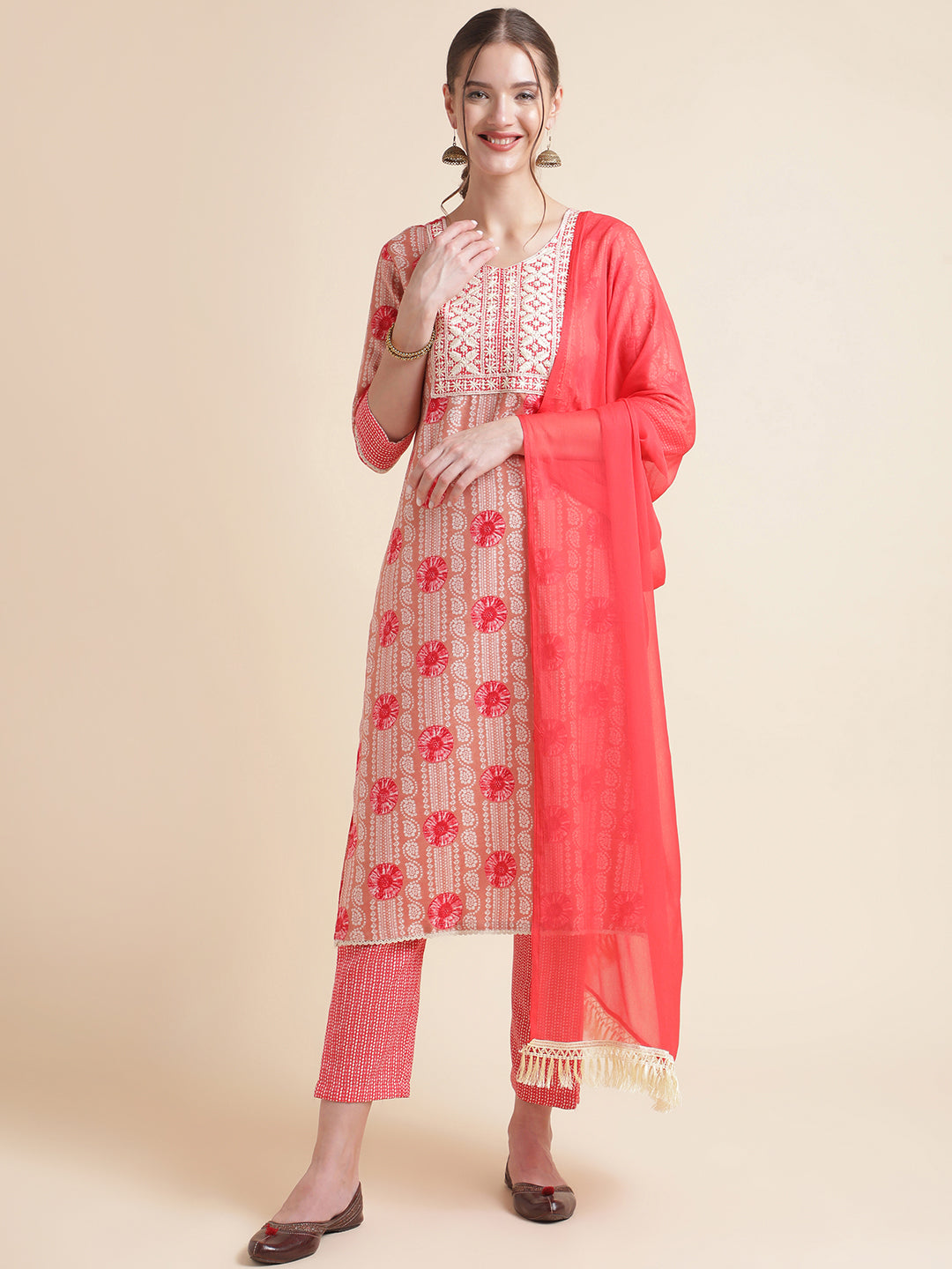 Peach Embroidered Cotton Blend Round Neck Kurta Set