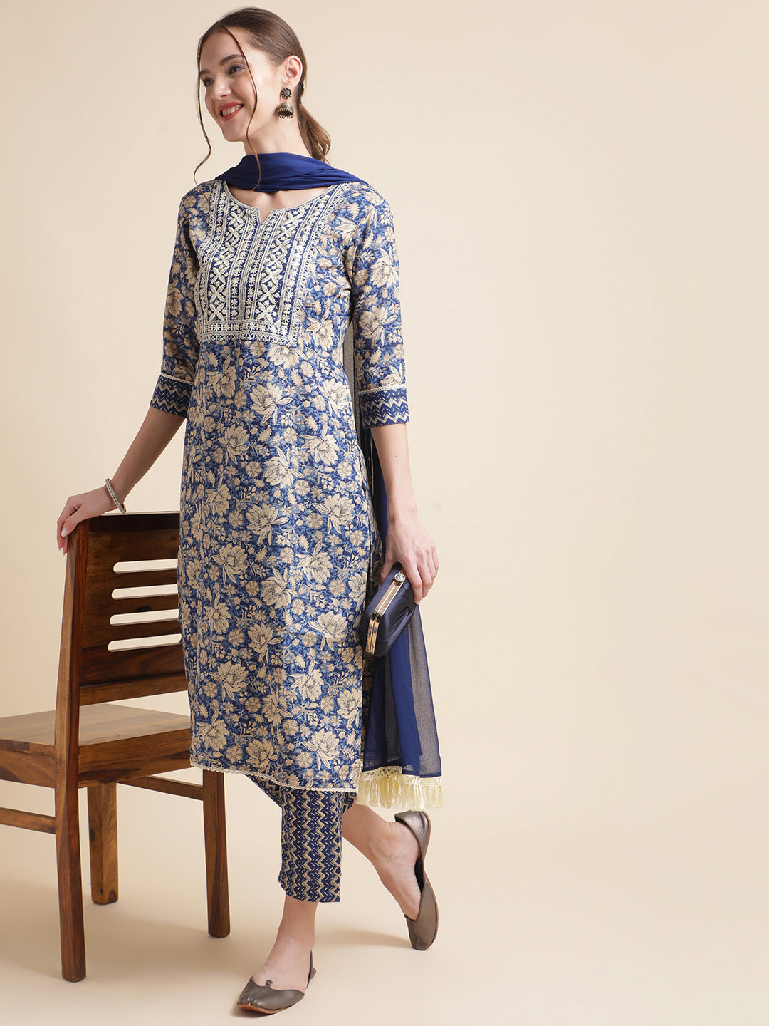 Dark Blue Embroidered Cotton Blend Round Neck Kurta Set