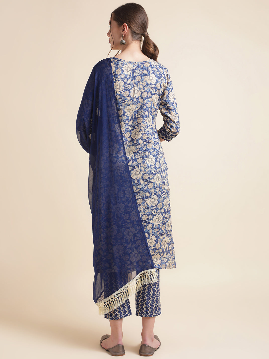 Dark Blue Embroidered Cotton Blend Round Neck Kurta Set