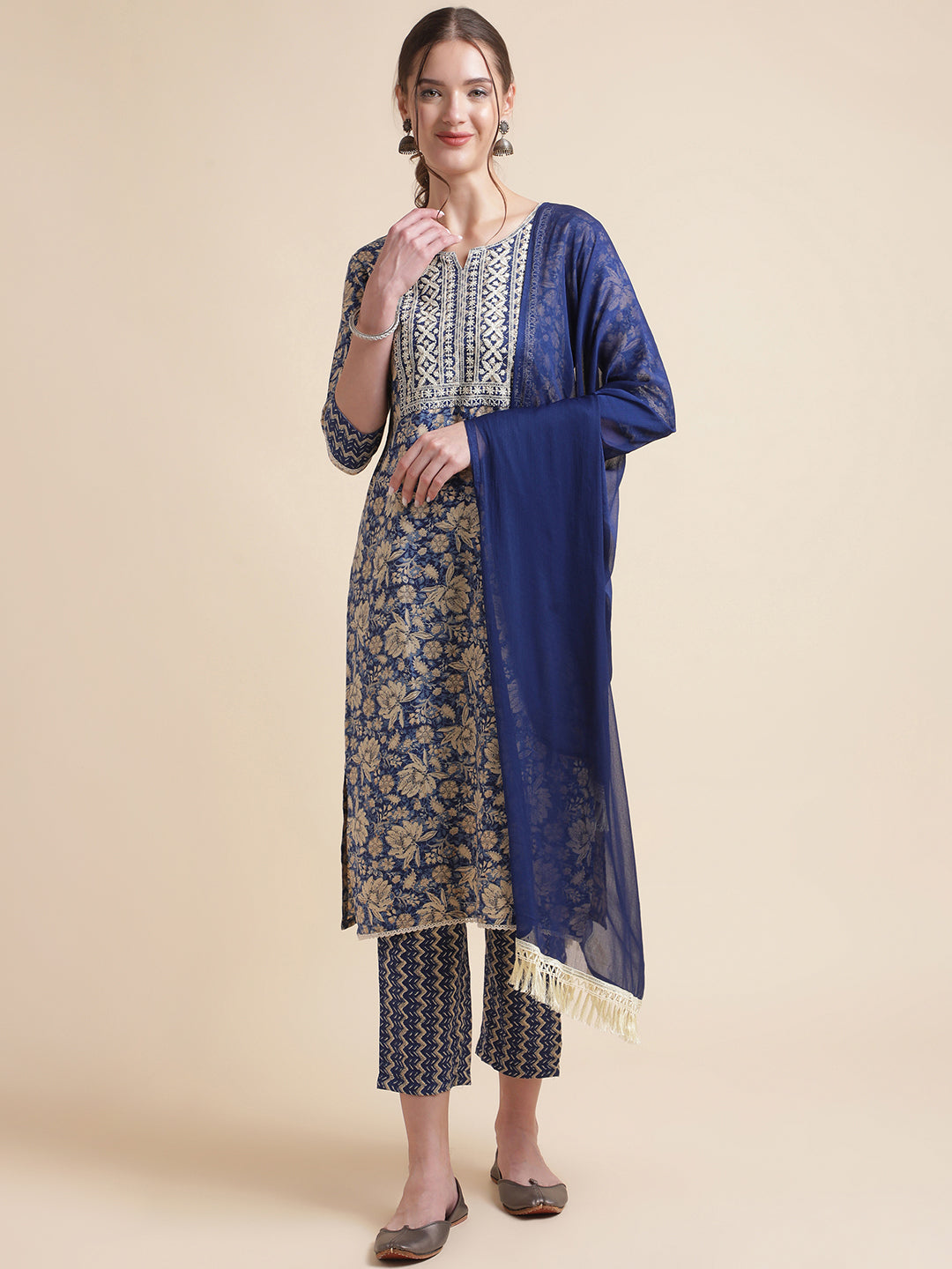 Dark Blue Embroidered Cotton Blend Round Neck Kurta Set