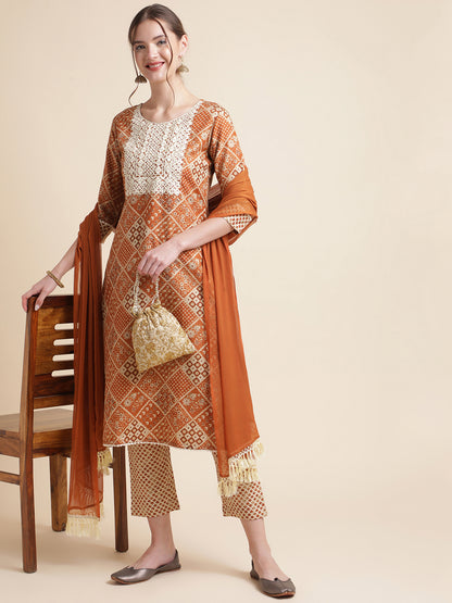 Orange Embroidered Cotton Blend Round Neck Kurta Set