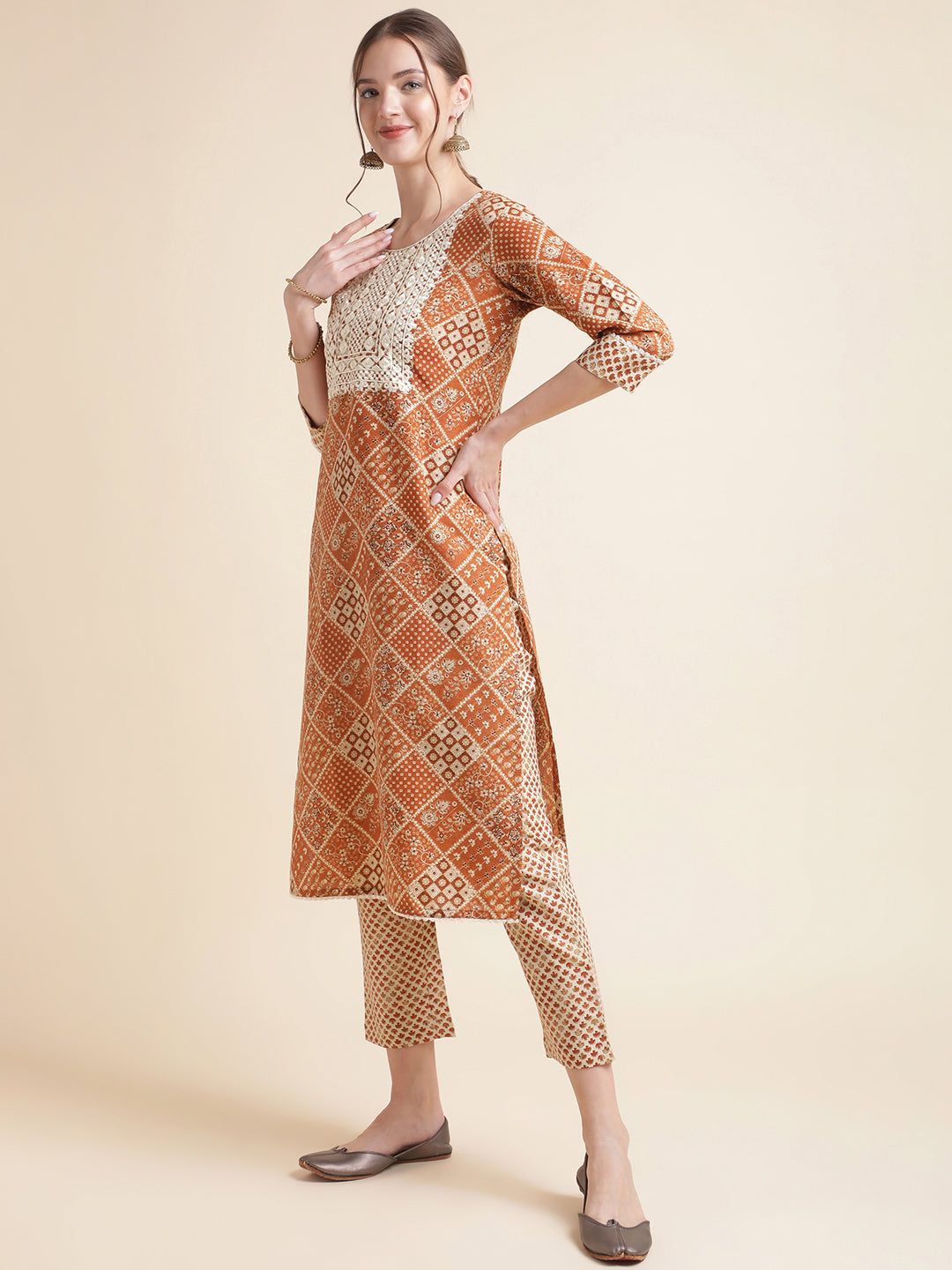 Orange Embroidered Cotton Blend Round Neck Kurta Set