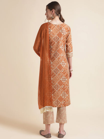 Orange Embroidered Cotton Blend Round Neck Kurta Set