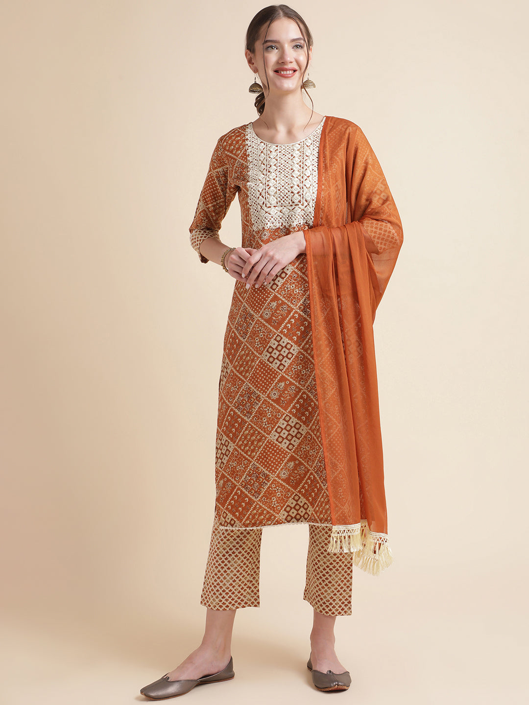 Orange Embroidered Cotton Blend Round Neck Kurta Set