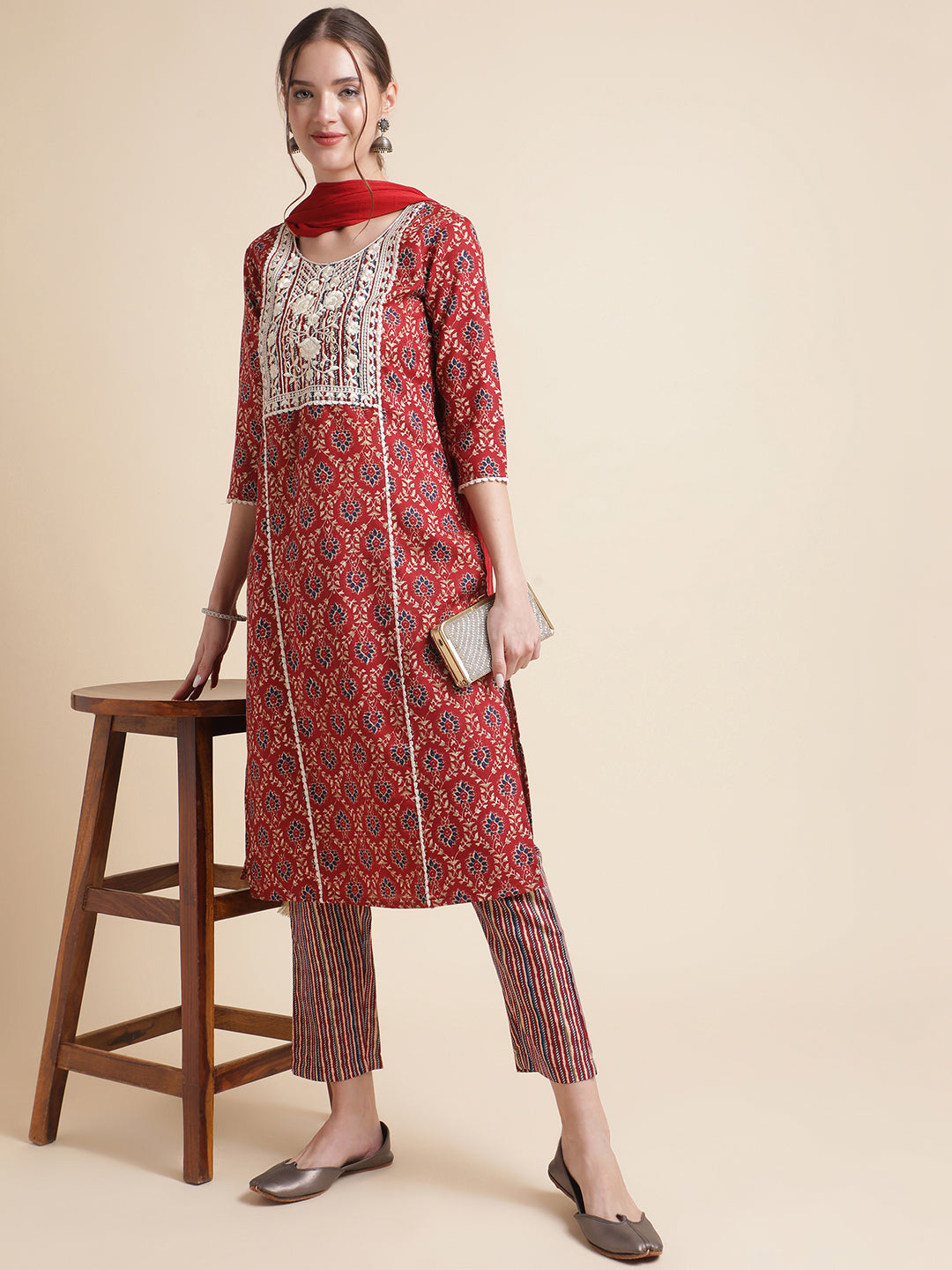 Red Cotton Blend Straight Women Kurta