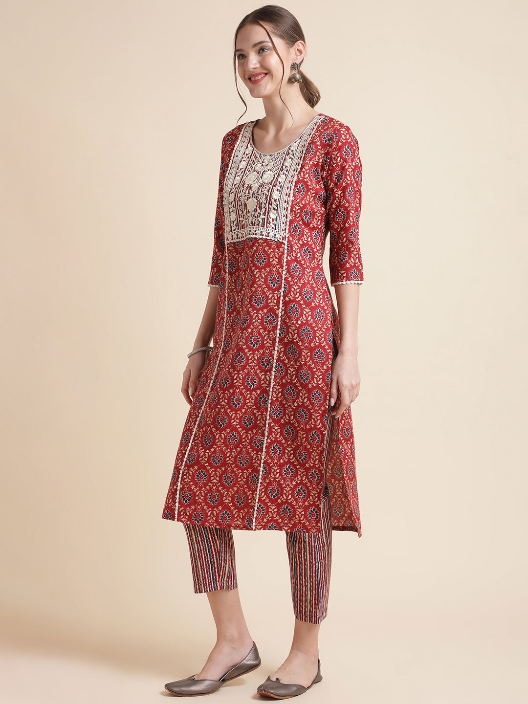 Red Cotton Blend Straight Women Kurta