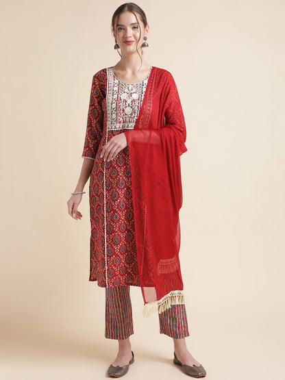 Red Cotton Blend Straight Women Kurta