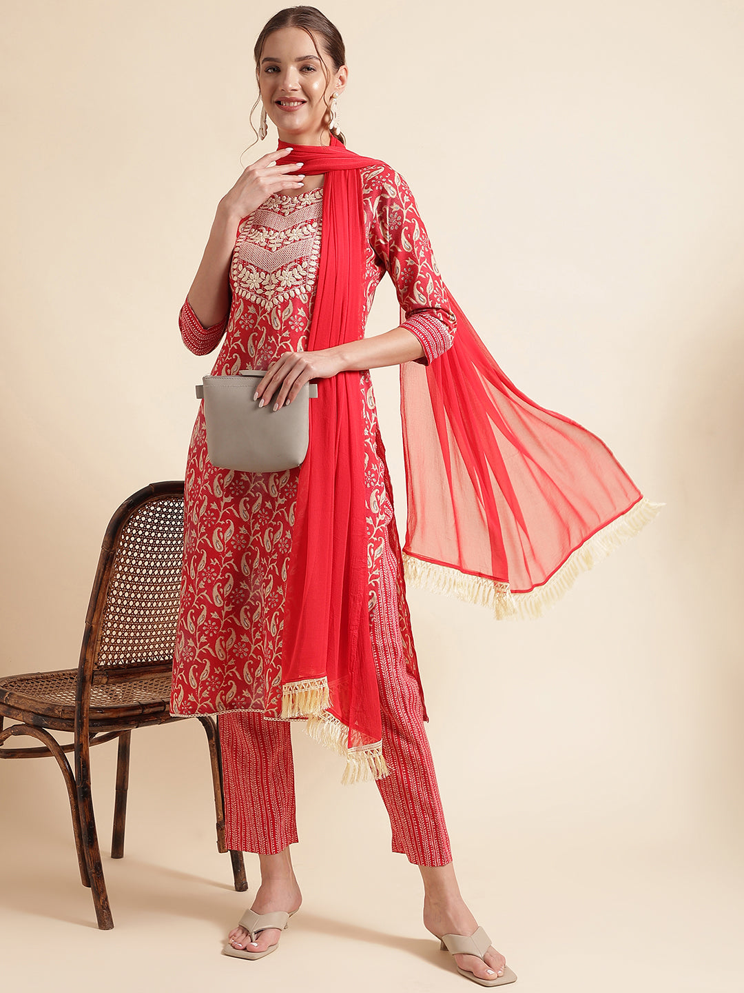 Light Red Embroidered Cotton Blend Round Neck Kurta Set