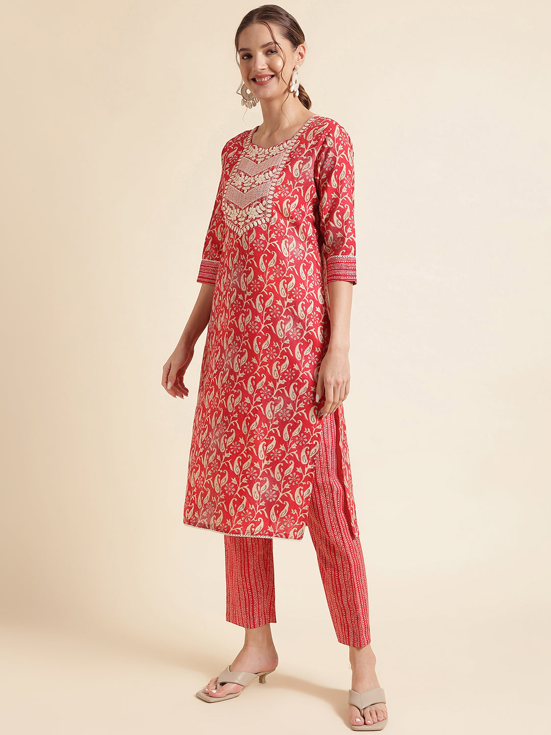 Light Red Embroidered Cotton Blend Round Neck Kurta Set