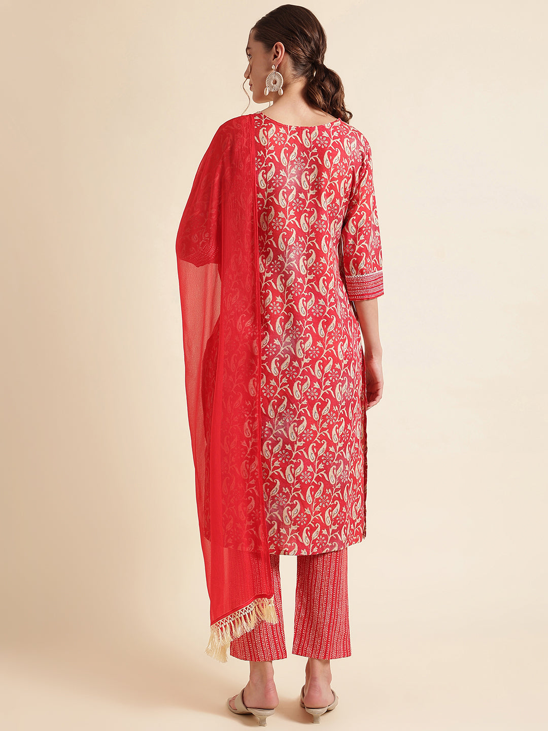 Light Red Embroidered Cotton Blend Round Neck Kurta Set