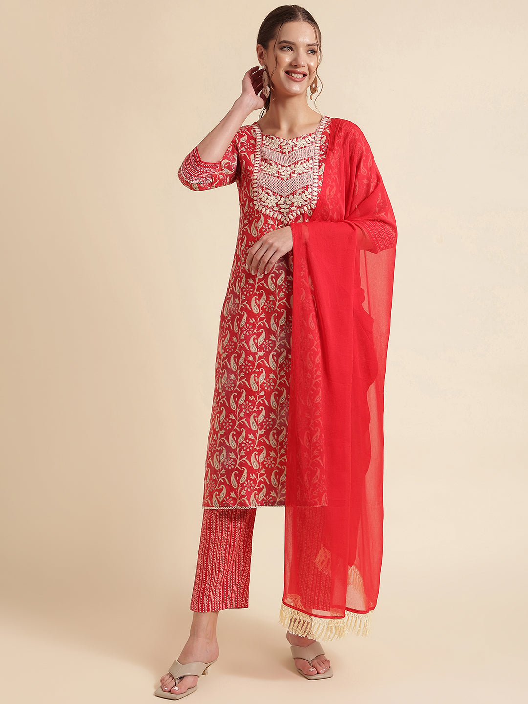 Light Red Embroidered Cotton Blend Round Neck Kurta Set