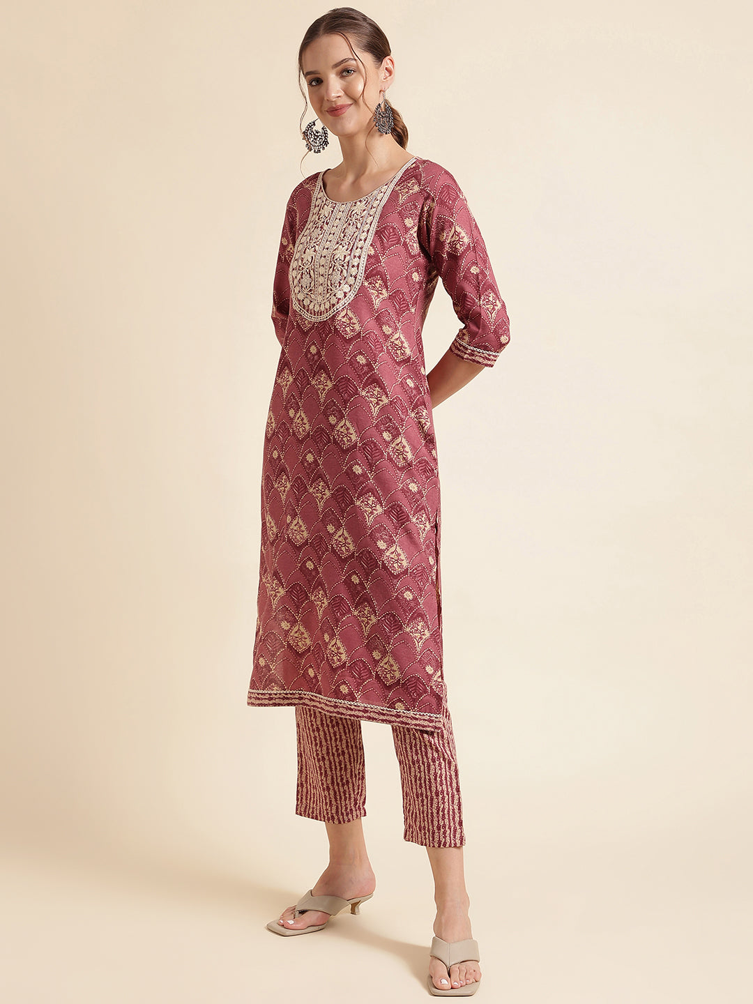 Wine Embroidered Cotton Blend Round Neck Kurta Set