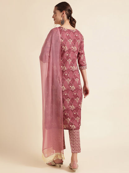 Wine Embroidered Cotton Blend Round Neck Kurta Set