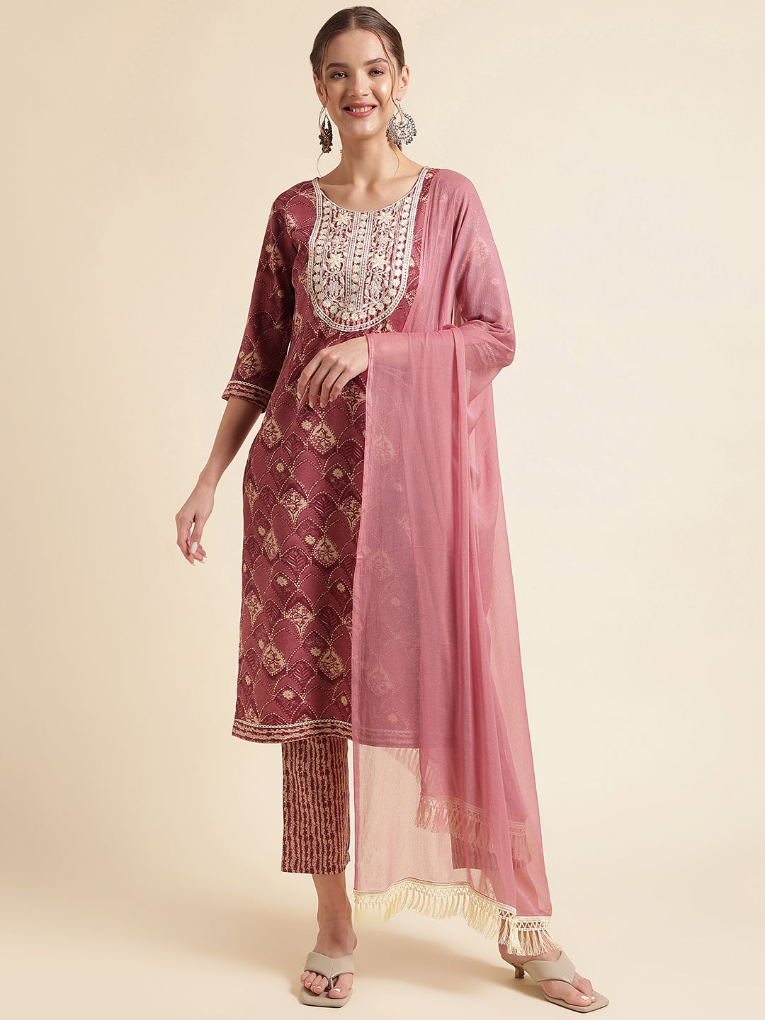 Wine Embroidered Cotton Blend Round Neck Kurta Set