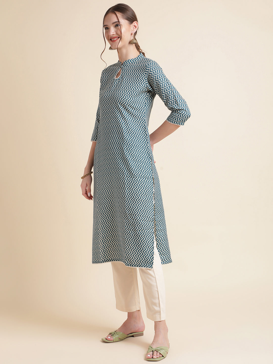 Aqua Zigzag Cotton Blend Women Kurtas