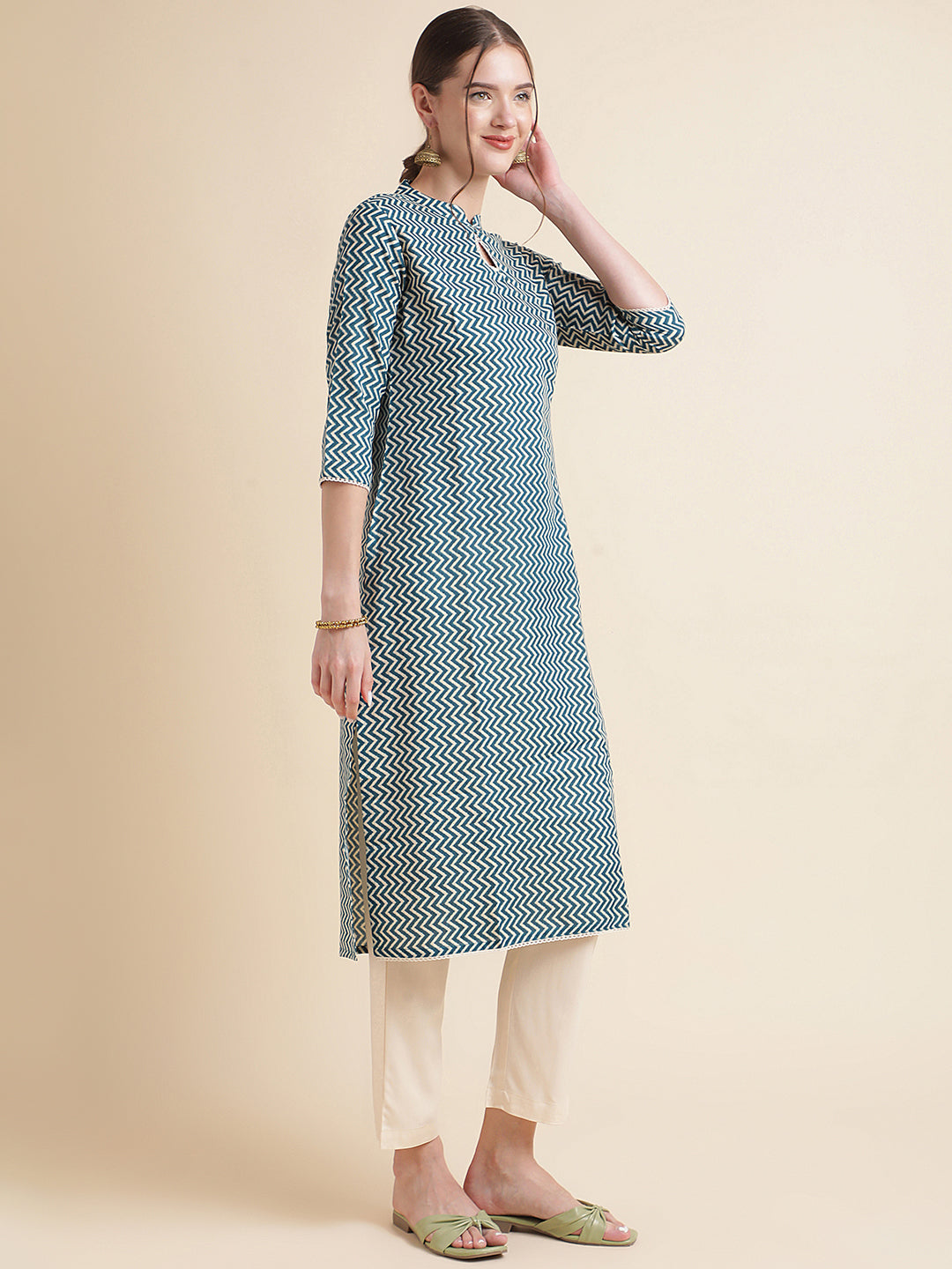 Aqua Zigzag Cotton Blend Women Kurtas