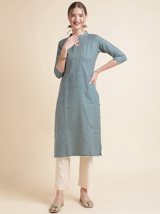 Aqua Zigzag Cotton Blend Women Kurtas