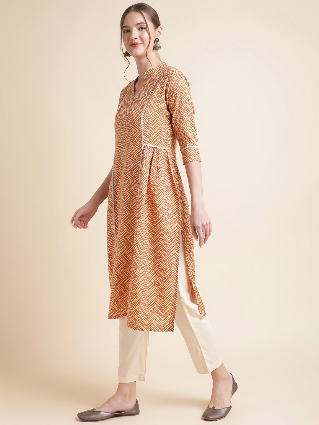 Yellow Zigzag Cotton Blend Women Kurtas